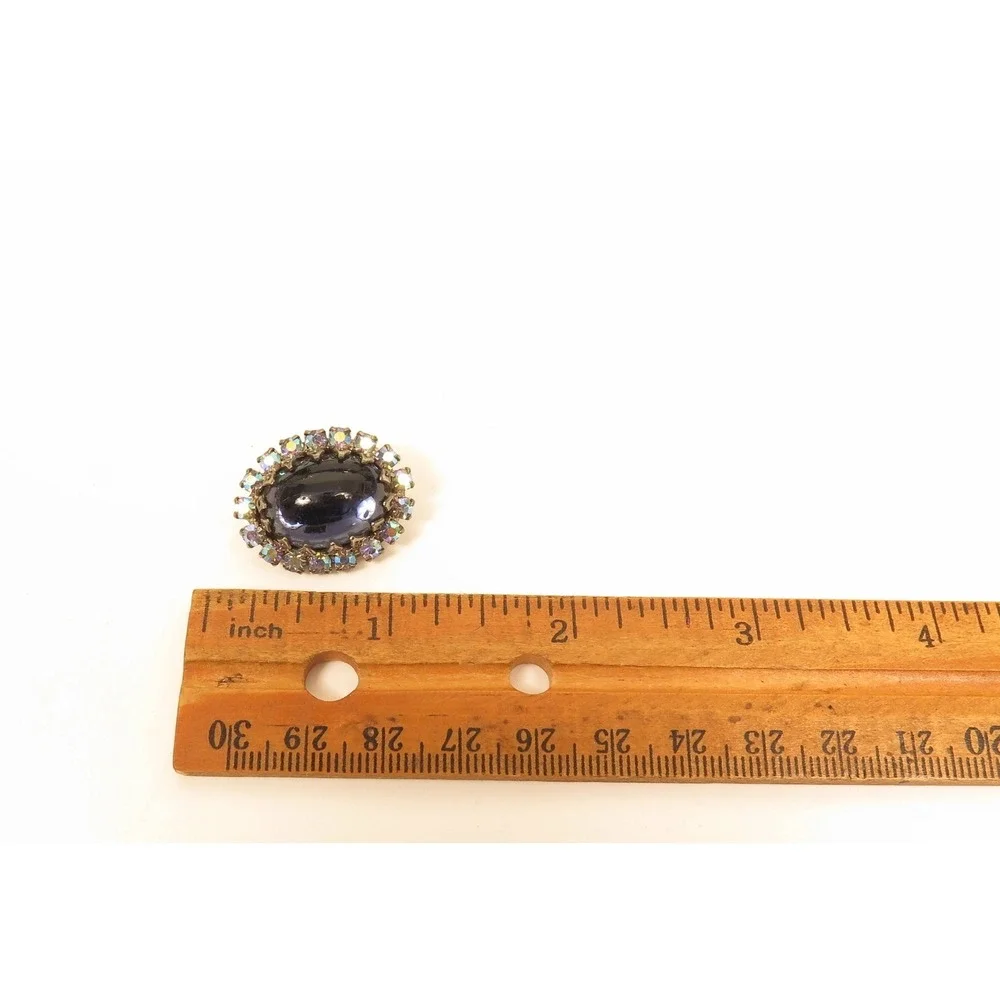 Vintage 26x20mm Oval Blue & Aurora Borealis Rhinestone Button*Silver Toned Metal